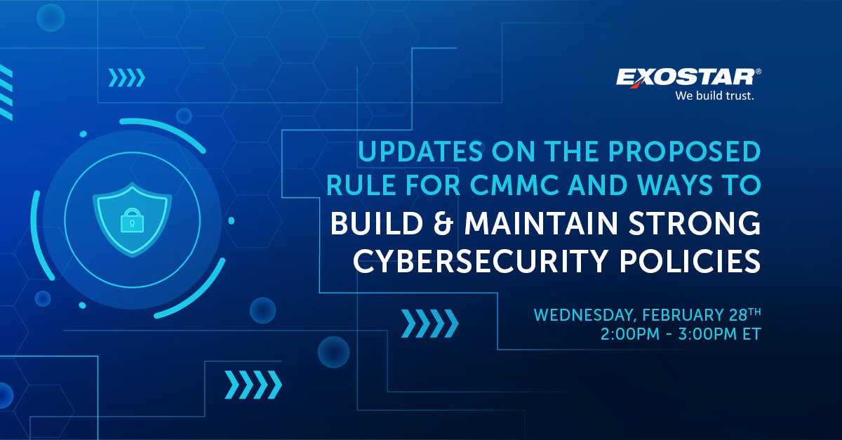 exostar's tweet photo. Missed our webinar last week or want to review it again? Then you can still watch it on demand! https://t.co/oRAYFGCnwE
Check out our events page to see future webinars and workshop! https://t.co/5Tjf9twknM
#CMMC #NIST800171 #cybersecurity #compliance #PolicyPro #Exostar https://t.co/AYlykGafsB