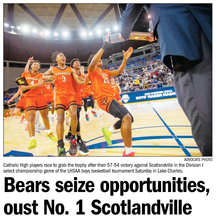 CHSBRAthletics's tweet photo. On this day in 2023, @CHSBRhoops stunned defending champion Scotlandville, 57-54, to give the Bears their first state basketball title in school history. The Bears shot 63% from the field and forced 17 turnovers. Connor Green led the team with 14 points to earn MVP honors. https://t.co/qqKmUOyFkM