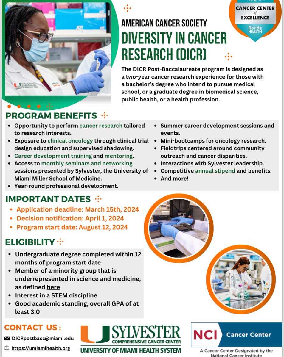 Matthew Schlumbrecht (@matthewschlumb1) on Twitter photo This is a great opportunity for students who recently completed their undergraduate studies. Application deadline in less than 2 weeks!
#postbacc #CancerResearch #STEM <a href="/sophiahlge/">Sophia George, PhD</a> <a href="/SylvesterCancer/">Sylvester Comprehensive Cancer Center</a> <a href="/AmericanCancer/">American Cancer Society</a> This is a great opportunity for students who recently completed their undergraduate studies. Application deadline in less than 2 weeks!
#postbacc #CancerResearch #STEM <a href="/sophiahlge/">Sophia George, PhD</a> <a href="/SylvesterCancer/">Sylvester Comprehensive Cancer Center</a> <a href="/AmericanCancer/">American Cancer Society</a>