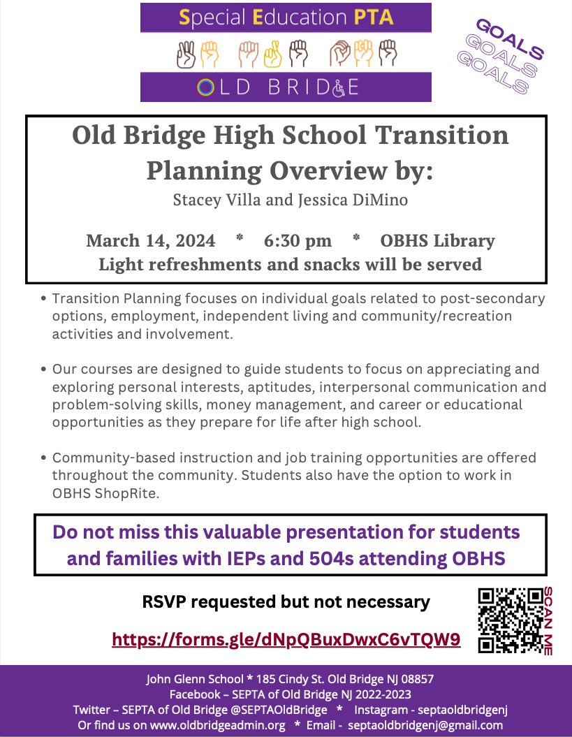 Join us for our next SEPTA meeting on March 14th at Old Bridge High School Learning Lab/Library at 6:30PM. Jessica DiMino and Stacey Villa will present on the Old Bridge HS transition program and services offered. @Jdimino162 @OldBridgeTPS @OBPS_DOSS @OB_Adinolfi @OB_Dougherty