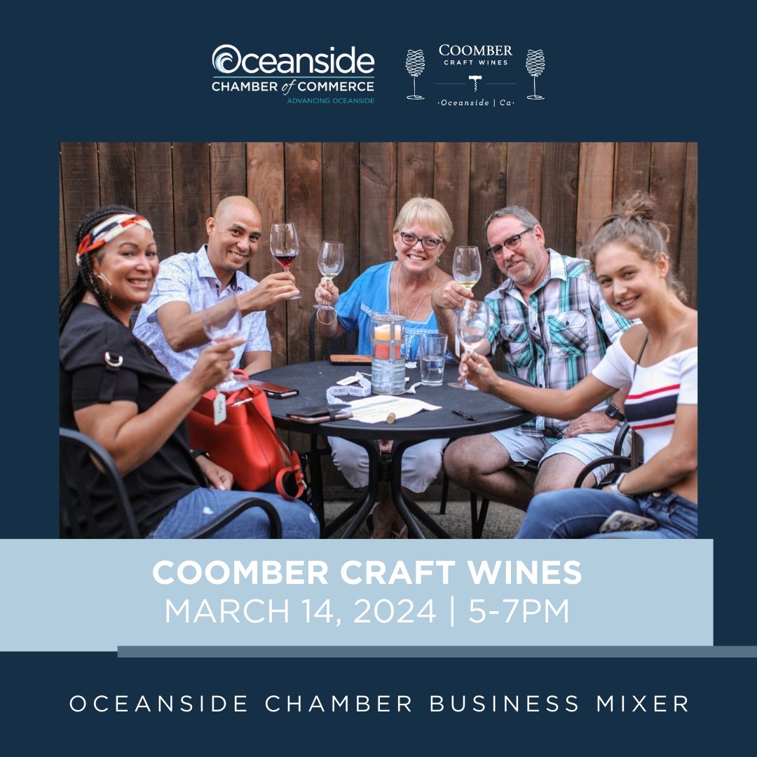 You're invited to join us for a Business Mixer at Coomber Craft Wines in Oceanside, March 14th from 5-7PM. This is a great opportunity to network with other business owners and employees. web.oceansidechamber.com/events/Busines…