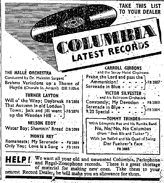 MickHayes1's tweet photo. This is something I have not seen before, a #SWWad from Jan 1943 for #Columbia asking for people to return their "old and unwanted" records for recycling. Also I had never heard of "Der Fuehrer's Face" #history https://t.co/2oiSUEgQfV