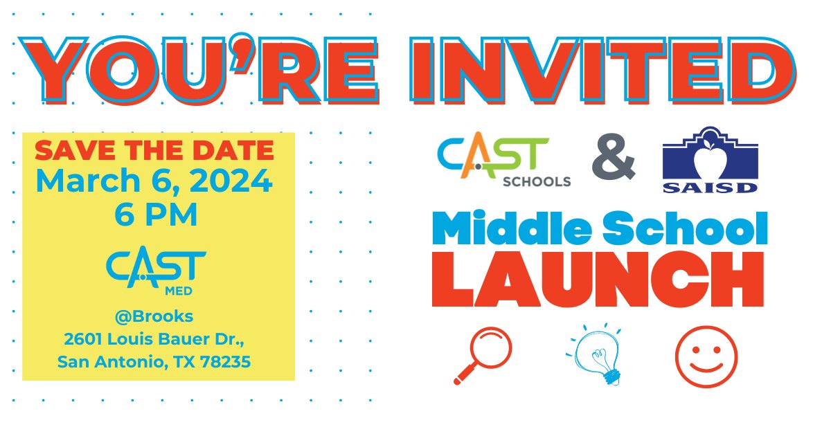 Join us Wednesday, March 6th for the launch of CAST Middle School at <a href="/CastMedSA/">CAST Med High School</a>! 

CAST Schools in partnership with <a href="/SAISD/">San Antonio ISD</a> will launch a cutting-edge middle school with a focus on Science, Technology, Engineering, Arts, and Mathematics (STEAM). 

RSVP➡️  bit.ly/48EbOOO