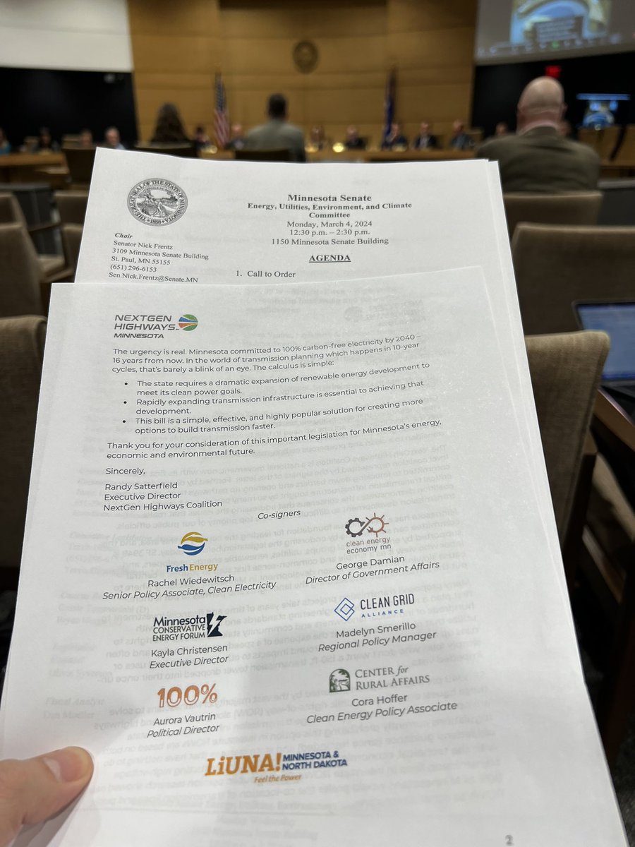 .@cleanenergymn is pleased to be part of @HighwaysNextgen coalition working to accelerate the expansion of transmission infrastructure. Thank you, @JenMcEwenMN for chief authoring SF 3949 & @NickAFrentz for hearing the bill w/robust discussion today in #mnleg. #WeNeedCleanMN