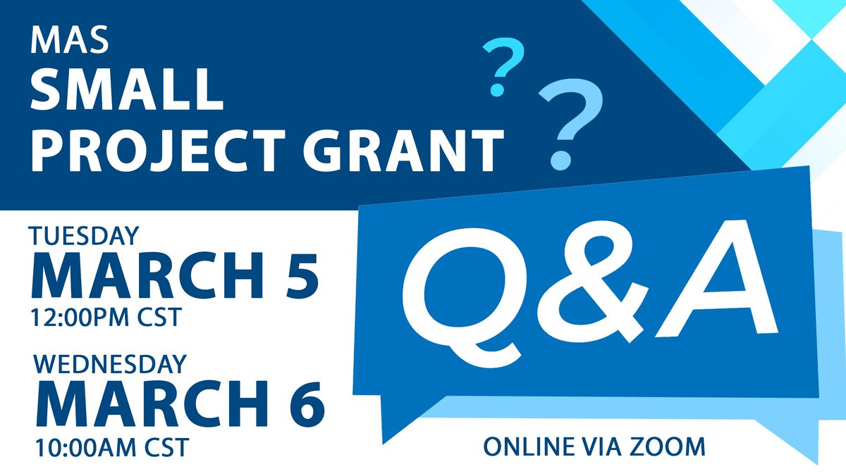 MAS Small Project Grant
Have questions❓Join us for a Q&amp;A Session!
Tuesday March 5 2024, 12:00pm CST
Wednesday March 6 2024, 10:00am CST
Online via Zoom
(Zoom links available on our website)
saskmuseums.org/services/mas-s…