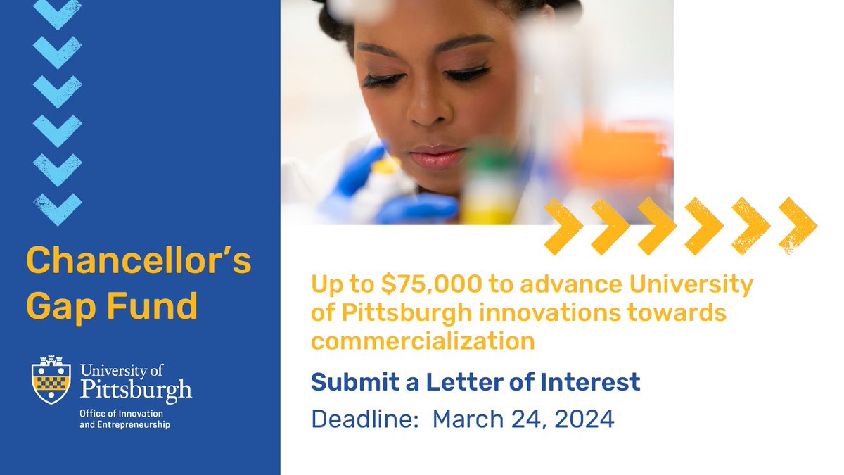 💡Have you heard? We are accepting LOI for the Chancellor’s Gap Fund.  The Chancellor’s Gap Fund provides opportunities for promising innovations discovered by <a href="/PittTweet/">University of Pittsburgh</a> investigators to advance towards commercialization.
➡️ Learn more here: hubs.li/Q02mTRxS0