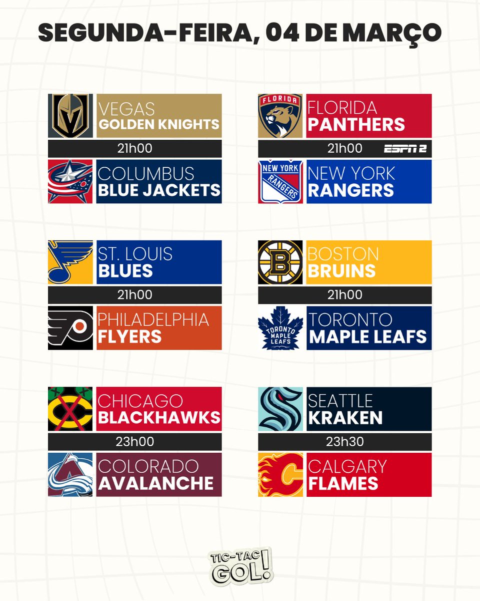 🗓 JOGOS DO DIA!

Vamos começar a semana de #TradeDeadline com seis partidas, incluindo a rivalidade entre Toronto e Boston e #NHLnaESPN!

📺 TRANSMISSÕES: Florida Panthers e New York Rangers na ESPN 2, todos os jogos na Star+