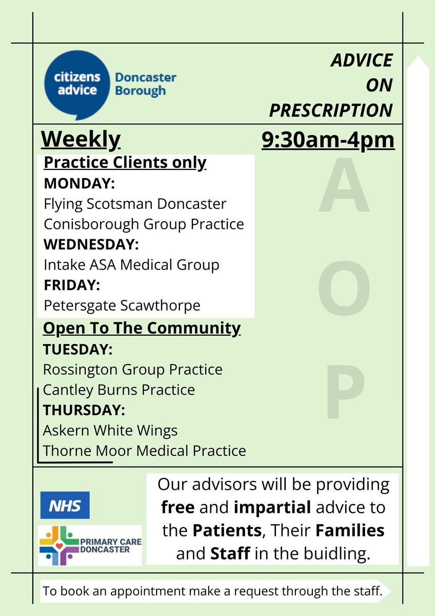 🎉 Exciting News! 🚀Introducing Advice On Prescription! A free, confidential, &amp; impartial advice based in primary care settings across Doncaster. Covering debt, benefits, employment &amp; more! See post for locations!

#Advicematters #Wearecitizensadvice

<a href="/DediKatieD/">Katie</a> <a href="/afitzgeraldnhs/">Anthony Fitzgerald</a>