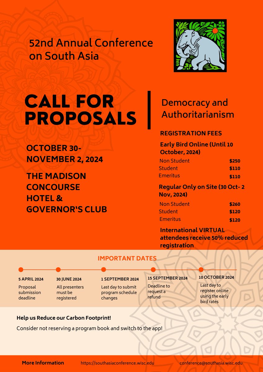 Call for Proposals for the 52nd ACSA! Round table, Panel, Single Paper and Film proposals are due on April 5th!! #southasia #ACSA24 #centerforsouthasia #madisonwi #academics #conference