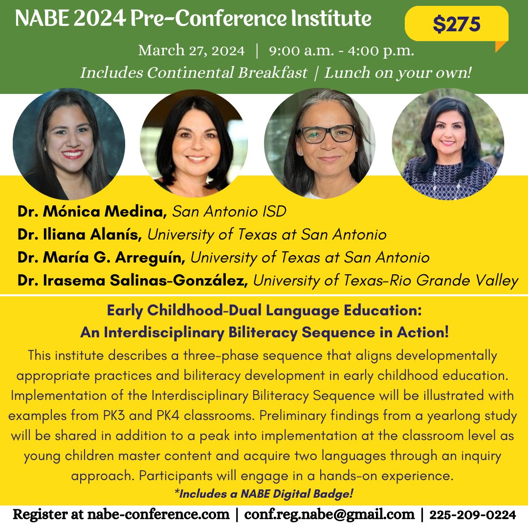 This year, we have informative Pre-Conference Institutes Speakers. Perfect for #ProfessionalDevelopment! This #NABEPCI is provided by Dr. Monica Medina, Dr, lliana  Alania, Dr. Maria G. Arreguin, Dr. Irasema Salinas-Gonzalez #NABE #NABE2024 #PCI.