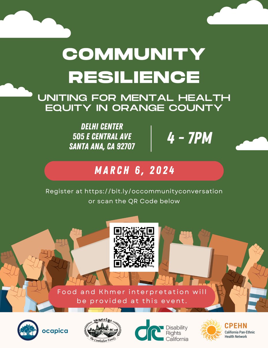 OCAPICA (@ocapica97) on Twitter photo 🗣️Calling all OC Partners! Join Us for Community Resilience: Uniting for Mental Health Equity in Orange County 🍊 w/ <a href="/Cam_Fam/">The Cambodian Family</a> <a href="/DisabilityCA/">Disability Rights California</a> <a href="/CPEHN/">CPEHN</a>
Wednesday, March 6th
4:00PM - 7:00PM
The Delhi Center, 505 E Central Ave, Santa Ana, CA 92707
Register here: docs.google.com/forms/d/e/1FAI… 🗣️Calling all OC Partners! Join Us for Community Resilience: Uniting for Mental Health Equity in Orange County 🍊 w/ <a href="/Cam_Fam/">The Cambodian Family</a> <a href="/DisabilityCA/">Disability Rights California</a> <a href="/CPEHN/">CPEHN</a>
Wednesday, March 6th
4:00PM - 7:00PM
The Delhi Center, 505 E Central Ave, Santa Ana, CA 92707
Register here: docs.google.com/forms/d/e/1FAI…