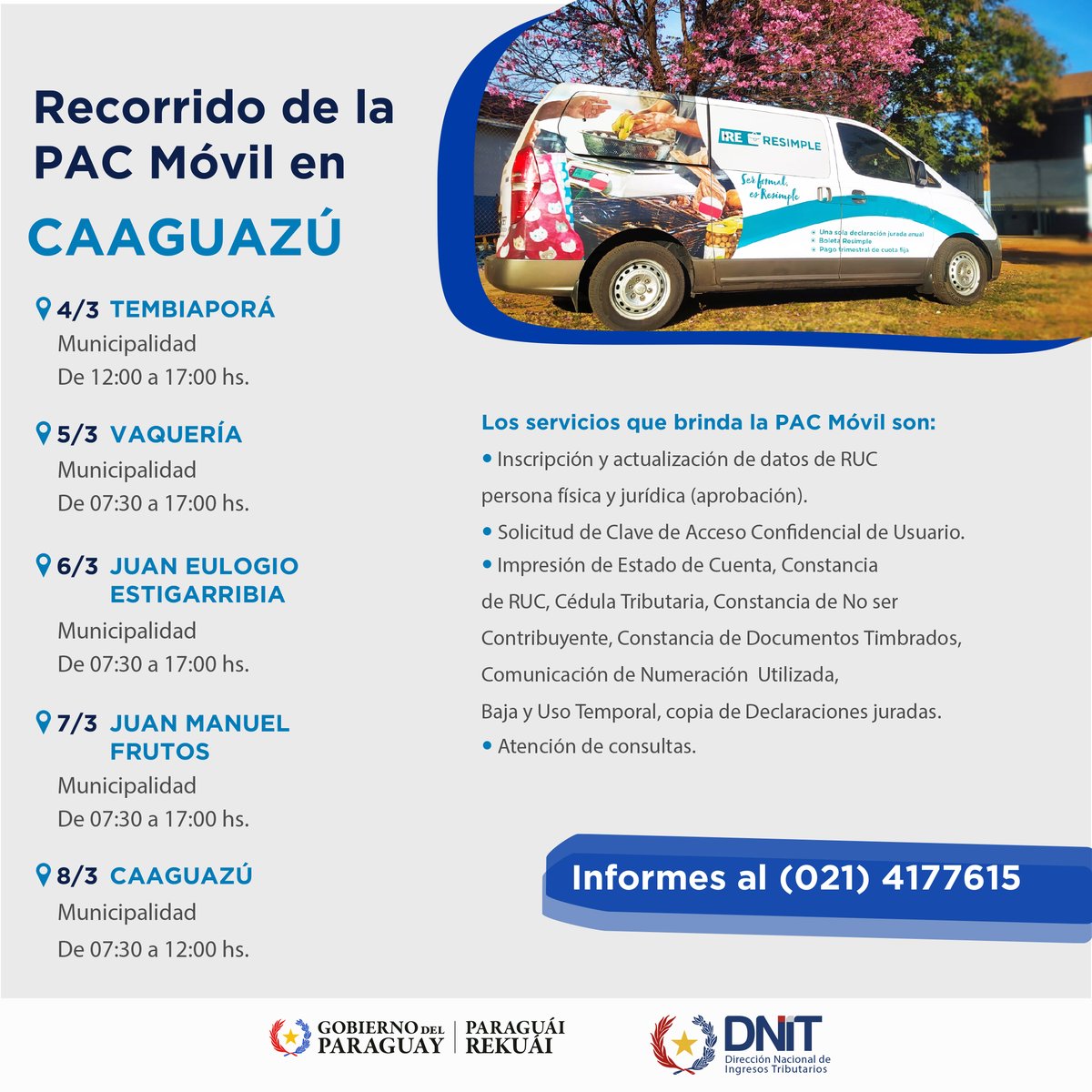 DNITpy's tweet photo. 🚐 Nos encontramos con la Plataforma de Atención al Contribuyente Móvil en la Municipalidad de Tembiaporá, primera localidad de las cinco que se visitarán en la semana en el Dpto. de Caaguazú. https://t.co/2Xt3AxiXgV