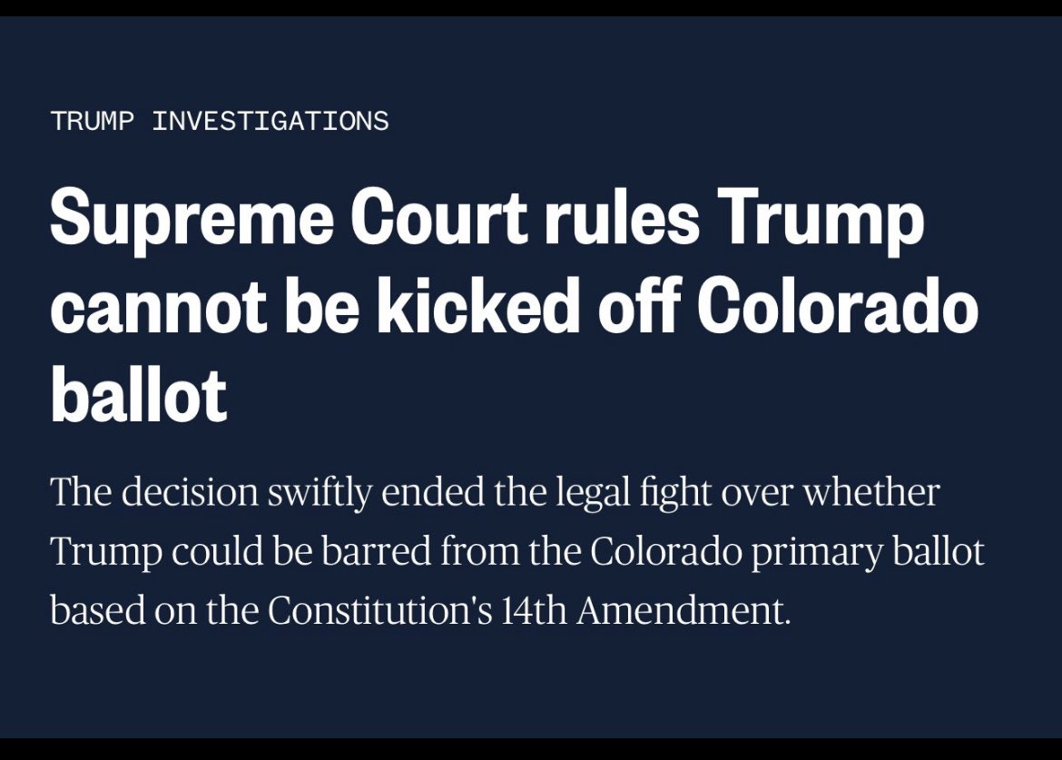 Feeling torn about the Supreme Court's decision to allow Donald Trump on the ballot. On one hand, upset that an insurrectionist is given a chance. On the other, okay with it because when Trump loses, they can't use it as an excuse. Either way, we get to witness him get beat.