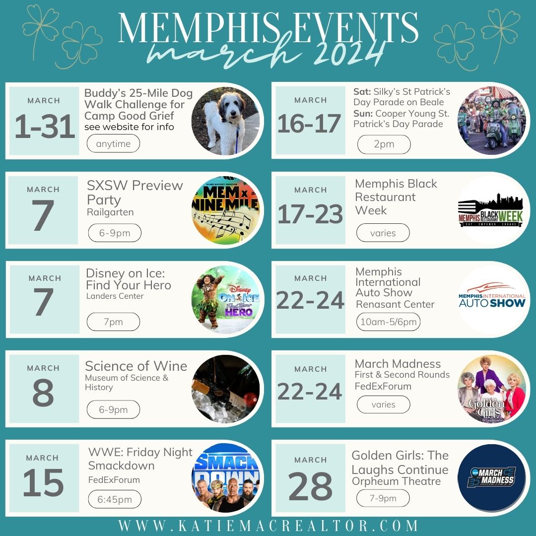 Here are some Memphis events happening this month! 
Katie R. McLemore, Realtor®
Berkshire Hathaway HomeServices, McLemore & Co., Realty
C: 901-494-2814
O: 901-457-8515
katie@mac-realtors.com

#901realestate #901realtor #Memphis #memphisevents #downtownmemphis