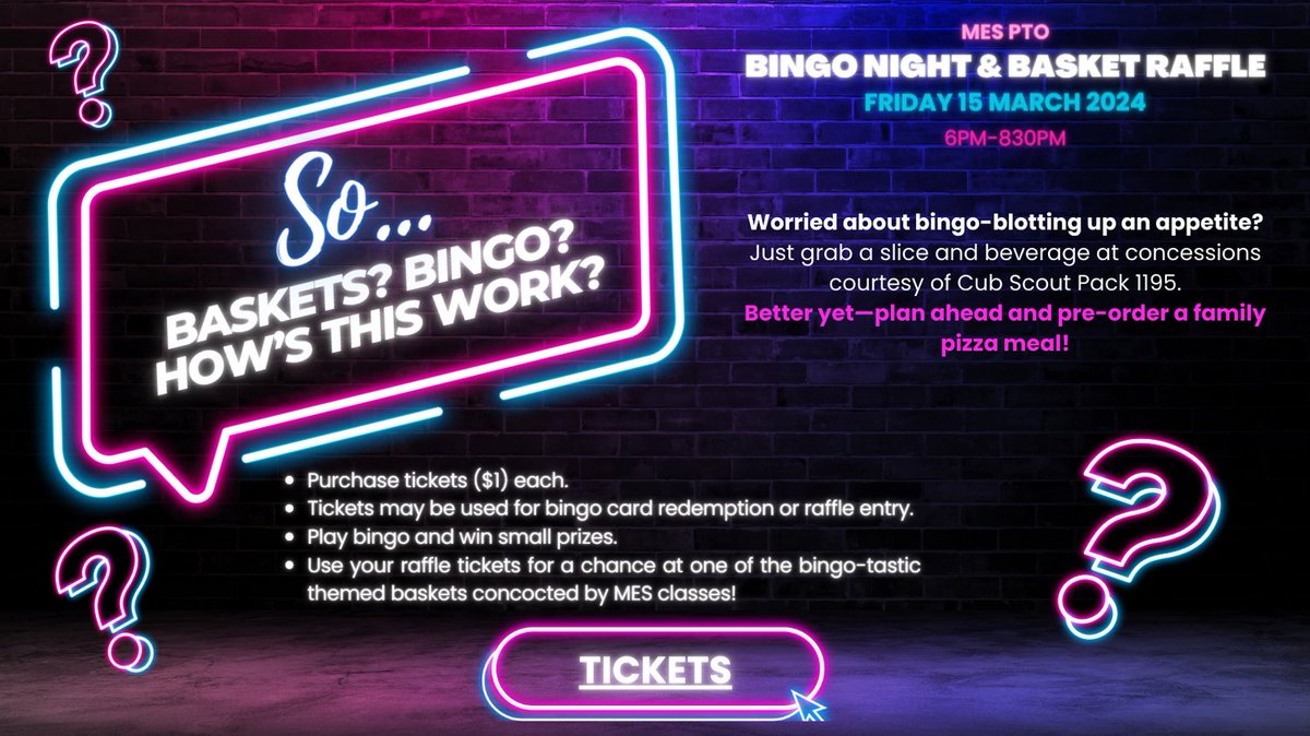 Are you a MES Bingo Night Novice? Curious how it's gonna go down...here's some 411 ...  
(And if that silly link in the graphic isn't working...PRE-ORDER YOUR TIX HERE! marshall-elementary-pto.square.site)