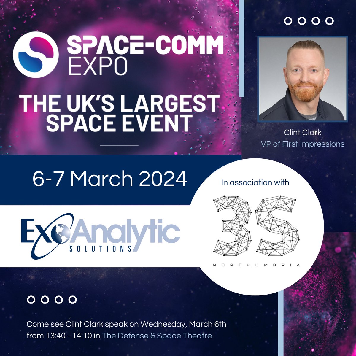 exoanalytic's tweet image. Excited to join the UK&apos;s @SpaceCommExpo next week with 3S Northumbria! Catch @Clinton_Clark&apos;s fascinating presentation, &quot;Dynamic Satellite Operations at GEO,&quot; on March 6th, and visit our exhibit (G28). See you there! 🚀 #SPACECOMEXPO #3SNorthumbria #DynamicSpaceOperations