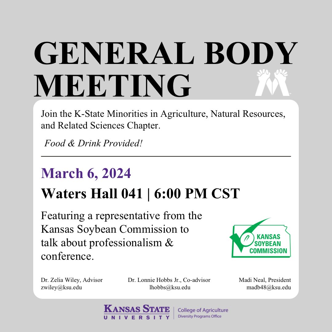 Student and Staff Success Office (@dpooffice) on Twitter photo Join <a href="/KState_MANRRS/">KSU MANRRS</a> this Wednesday (3/6) featuring KS Soybean Commission. Food and drinks will be provided. We hope to see you there!💜
#DiversityProgramsOffice #KSUMANRRS Join <a href="/KState_MANRRS/">KSU MANRRS</a> this Wednesday (3/6) featuring KS Soybean Commission. Food and drinks will be provided. We hope to see you there!💜
#DiversityProgramsOffice #KSUMANRRS