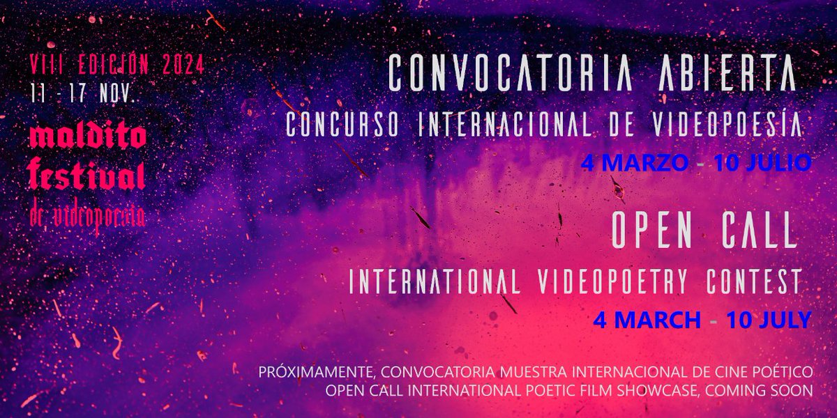 ⚡️CONVOCATORIA ABIERTA | OPEN CALL

🔥Concurso Internacional de Videopoesía | International Videopoetry Contest

📢4 marzo - 10 julio, 2024 | March 4 - July 10, 2024

👉 ESP acortar.link/Oyxj1g
👉 ENG acortar.link/VkioFB

#videopoesía #videopoetry