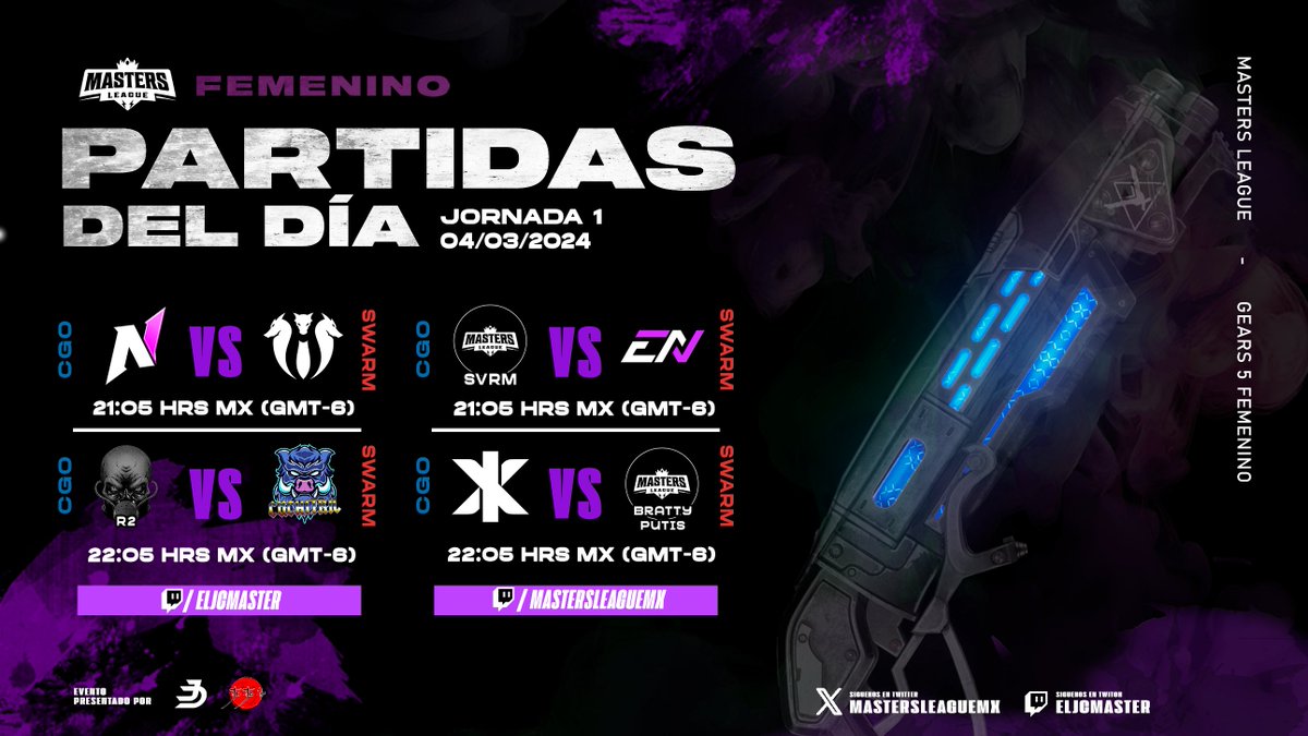 Masters League (@mastersleaguemx) on Twitter photo Hoy comienza el Camino! 👏🏻👑
No te pierdas estos Grandes Enfrentamientos
<a href="/NostalgiaGnesis/">𝐍𝐨𝐬𝐭𝐚𝐥𝐠𝐢𝐚</a> VS @HydraGamingNA
<a href="/AstroE_Sports/">Astro Esports</a> VS <a href="/EScuchitril/">Cuchitril</a>
<a href="/SHiNExTiME/">GsQ Shine</a> VS <a href="/_EnvyNation/">Envy Nation</a>
<a href="/InExcelsisUS/">In Excelsis</a> VS #Brattyputtis
Transmisiones aquí 🔴👇🏻
twitch.tv/eljcmaster
twitch.tv/mastersleaguemx Hoy comienza el Camino! 👏🏻👑
No te pierdas estos Grandes Enfrentamientos
<a href="/NostalgiaGnesis/">𝐍𝐨𝐬𝐭𝐚𝐥𝐠𝐢𝐚</a> VS @HydraGamingNA
<a href="/AstroE_Sports/">Astro Esports</a> VS <a href="/EScuchitril/">Cuchitril</a>
<a href="/SHiNExTiME/">GsQ Shine</a> VS <a href="/_EnvyNation/">Envy Nation</a>
<a href="/InExcelsisUS/">In Excelsis</a> VS #Brattyputtis
Transmisiones aquí 🔴👇🏻
twitch.tv/eljcmaster
twitch.tv/mastersleaguemx