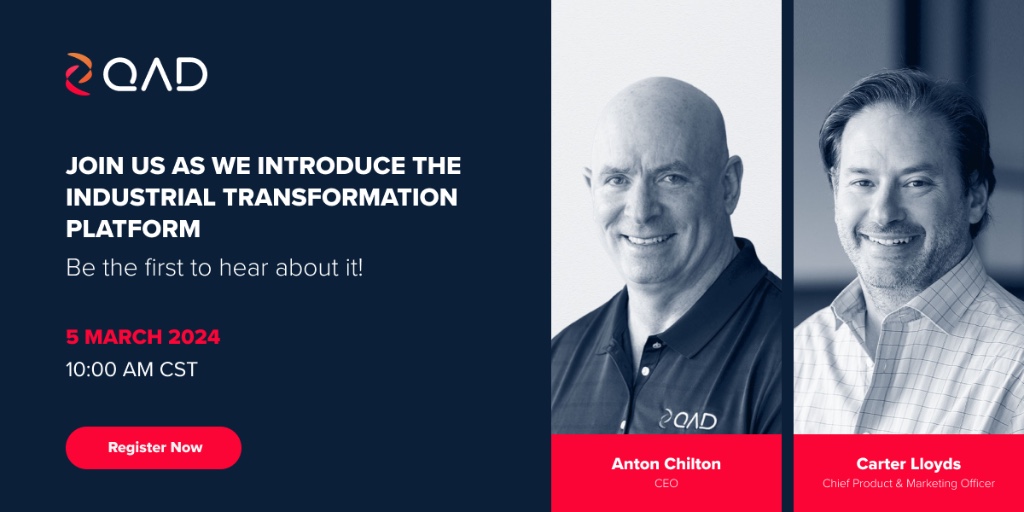 Have you registered yet? Don't be the last to learn about QAD's cutting-edge initiative - the Industrial Transformation Platform. The webinar starts tomorrow! #IndustrialTransformationPlatform bit.ly/3UUuDtO
