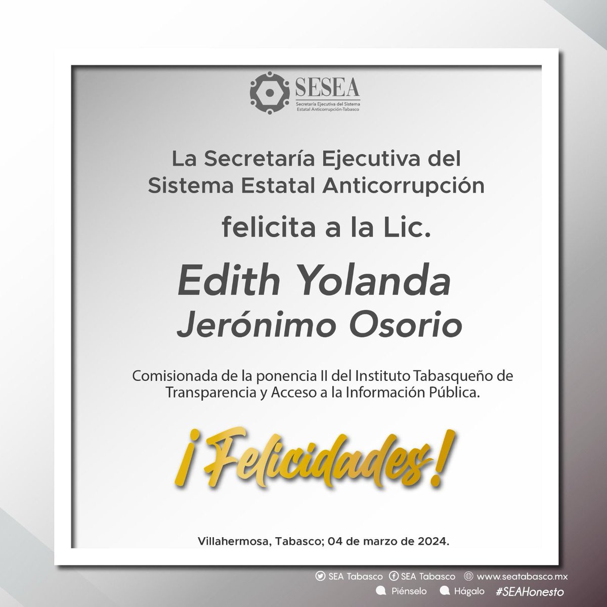 SeaTabasco's tweet photo. Los mejores deseos para la comisionada @Edith_ITAIP, que pase un cumpleaños en unión de sus seres queridos. #SEATabasco #SEAHonesto #SEAÍntegro https://t.co/lC3rZcZbLC