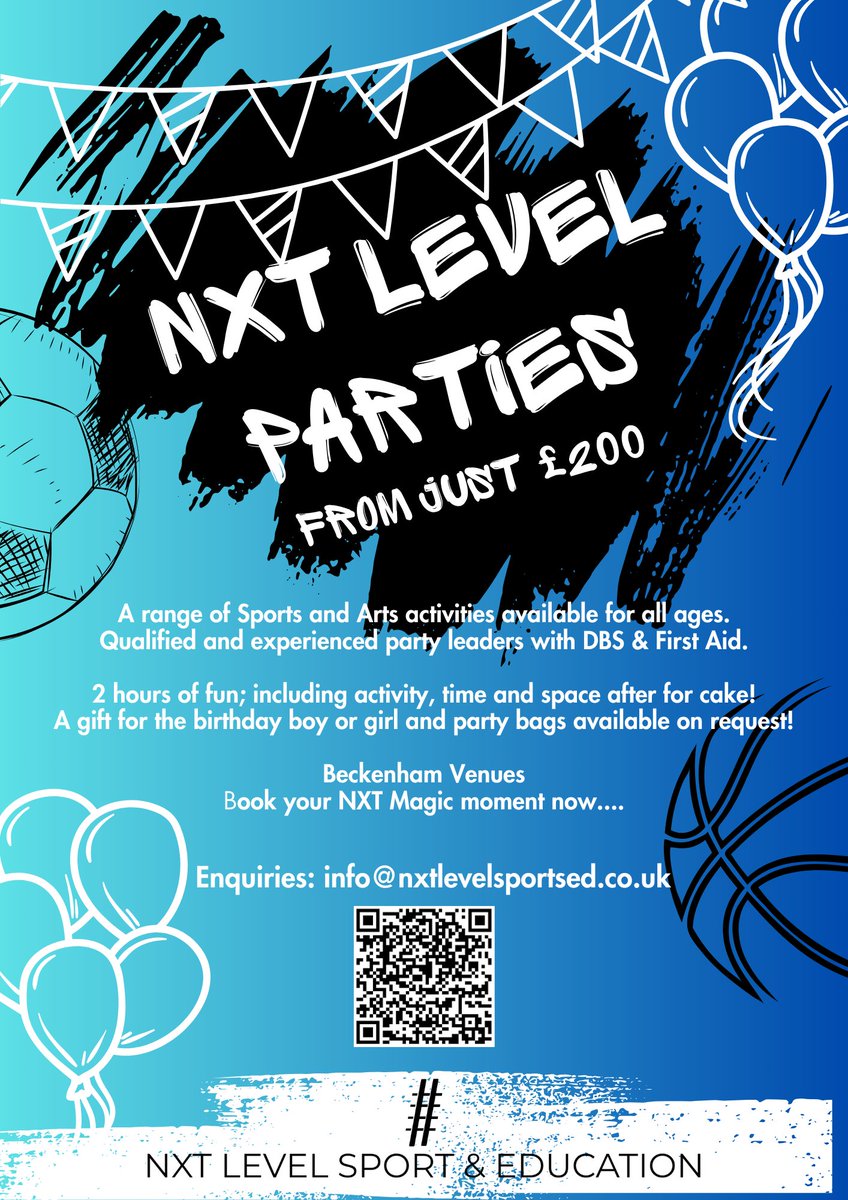 Unforgettable sports and arts parties for children of all ages right here in Beckenham. From thrilling sports activities to engaging arts &amp; crafts, we have something for everyone. Email us at info@nxtlevelsportsed.co.uk. Let's elevate your child's celebration to the NXT Level!🎂