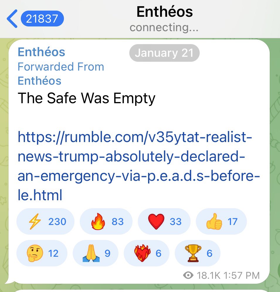 <a href="/JackStr42679640/">Jack Straw</a> We know VK and Z give us the 11:11s 
This is why.. 

Did Entheos give another clue?  
On 1/21… The Safe was Empty. 
Is he drawing a parallel to Christ’s resurrection? Looks like it. 
The tomb was empty. ✝️

Considering additional numbers, it appears Trump will rise, in whatever