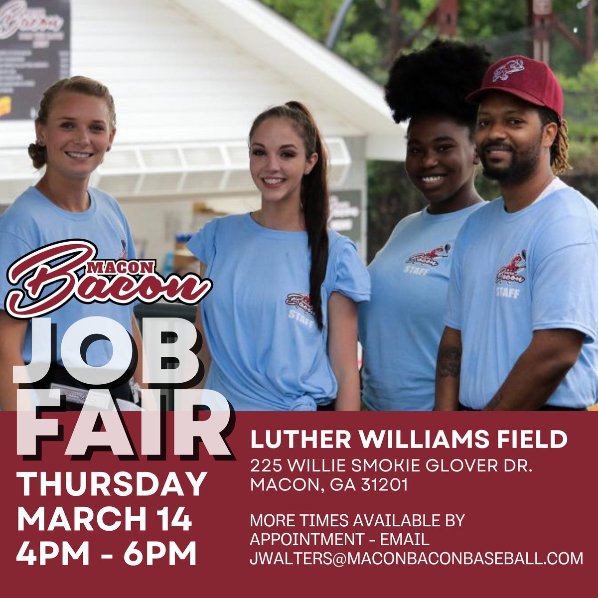 Looking for a part-time job? Attend a Macon Bacon job fair! We need help scanning tickets, serving food, and entertaining our fans this summer. Stop by Luther Williams Field any time from 4-6pm on Thursday, March 14th for your chance to join the most fun team in sports! 😎🥓