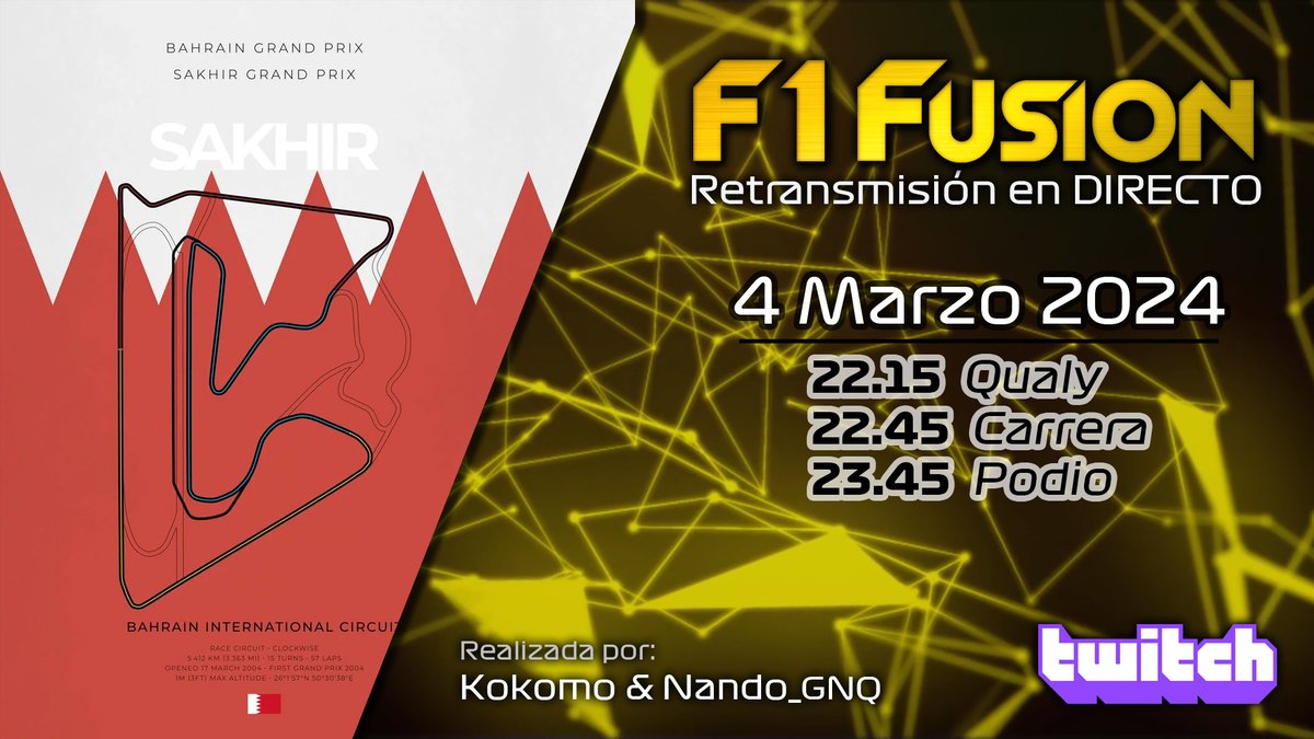 ¡Empieza una nueva temporada en F1Fusion! 🚥 La temporada F1FSN 2024 da comienzo esta noche bajo los focos de Bahrein 🇧🇭  Sigue la retransmisión en directo a partir de las 22:10h! 📺twitch.tv/F1Fusion