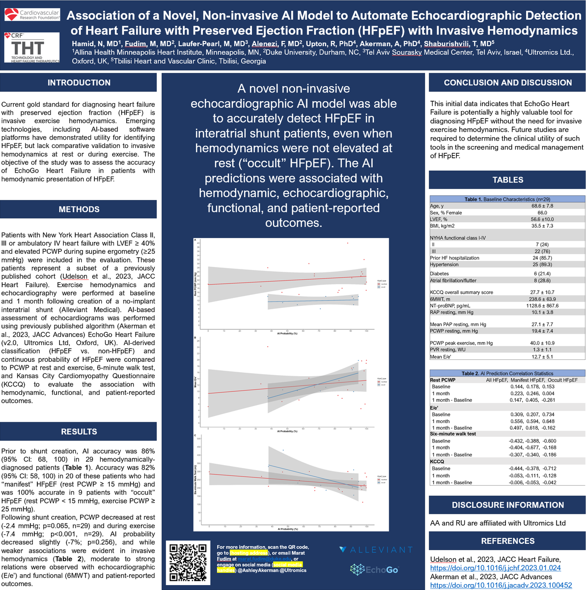 Dr Fudim Marat @FudimMarat presented his work with Dr @HamidNadira at #THT2024 showing how our AI technology - EchoGo® Heart Failure - can support #HFpEF diagnosis without the need for invasive exercise hemodynamics. Learn more about EchoGo: hubs.ly/Q02n3lL20 #CardioTwitter