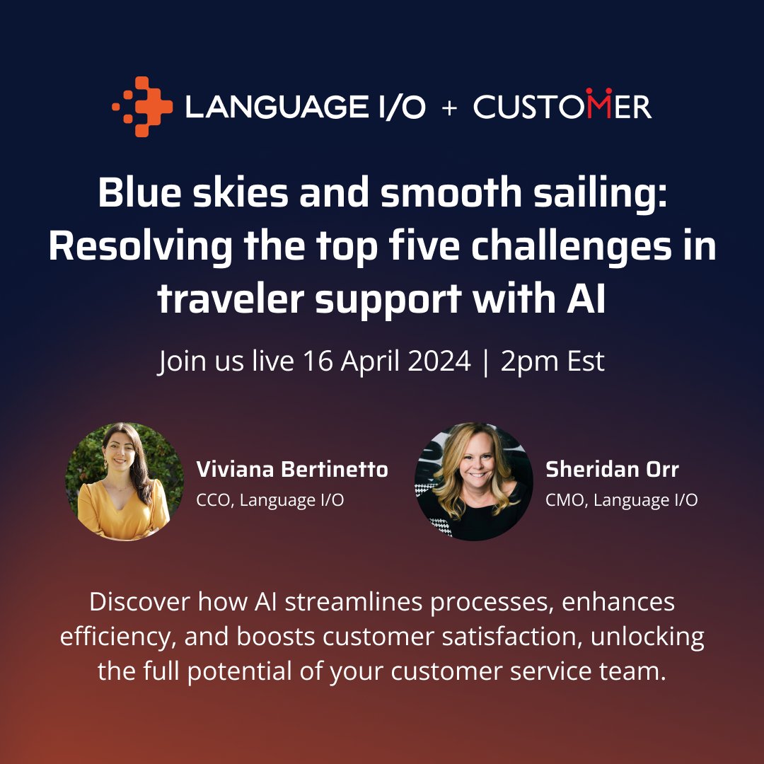 Dive deep into the world of traveler support with our upcoming webinar, “Blue skies and smooth sailing: Resolving the top five challenges in traveler support with AI,” co-hosted with Customer magazine. 🌐 Register here: languageio.com/lp/blue-skies-…

#AI #TravelSupport #TravelWebinar