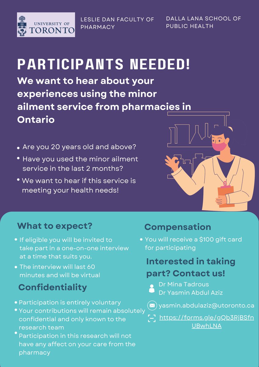 Participants Needed: 
The Leslie Dan Faculty of Pharmacy wants to learn about your encounters with minor ailment services at Ontario community pharmacies to gain insights into #patient experiences &amp; health needs associated with this service.
docs.google.com/forms/d/e/1FAI…