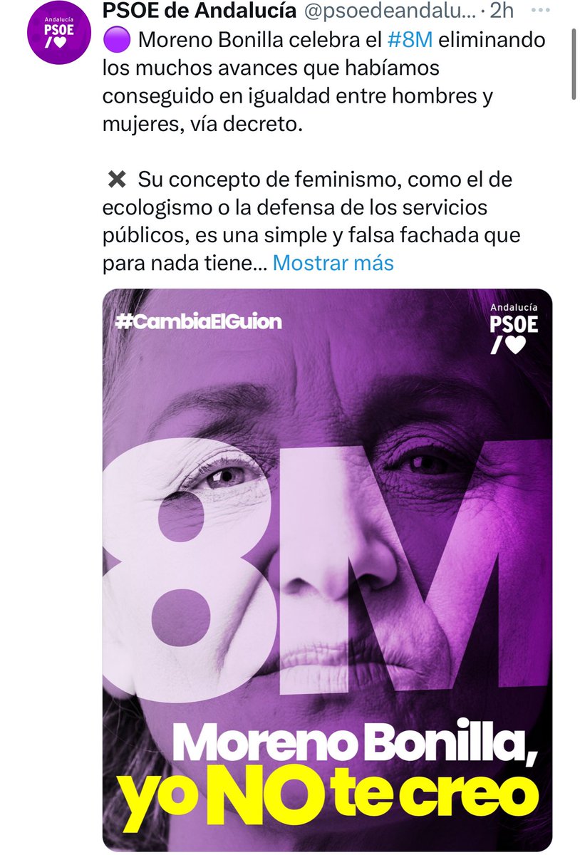ppandaluz's tweet photo. Nos esperamos todo del PSOE pero utilizar contra @JuanMa_Moreno un lema que une a todos contra la violencia machista supera todo.

Da asco esa forma de hacer política, si queda algo de decencia en la organización, retírenlo. https://t.co/neRgNPhiBw
