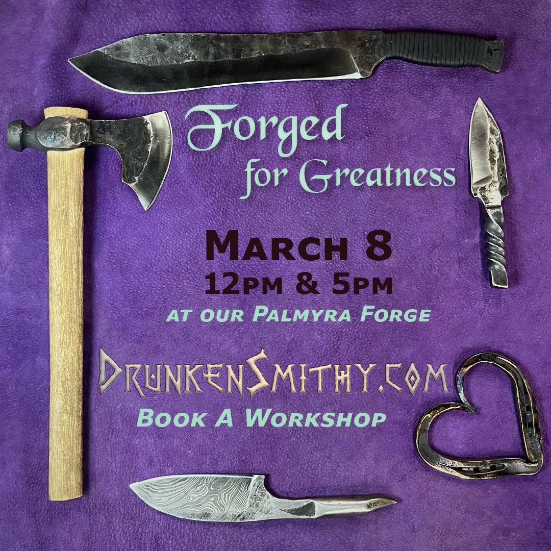 Get your weekend started early at the forge! Create your own useful tool or glorious work of art to take home with you at the end of the workshop. 
Select a workshop for more information or to book your reservation: drunkensmithy.com/event-calendar/