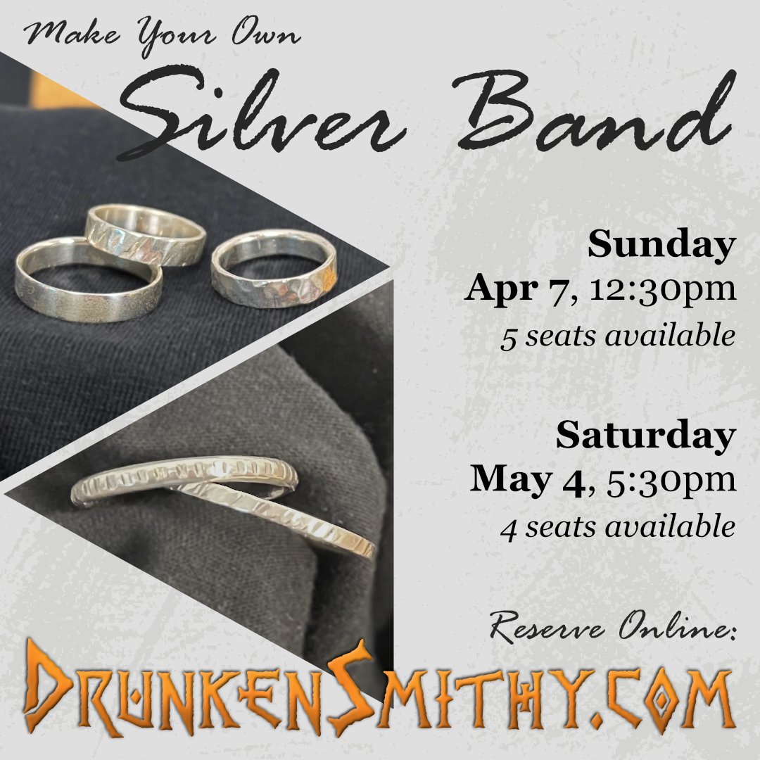 Our Silver Band workshops are sold out until April! Learn to size, cut, form, texture, solder, and finish your own silver ring to take home with you at the end of class. Make sure you book your reservations in advance for this popular workshop: drunkensmithy.com/event-calendar/