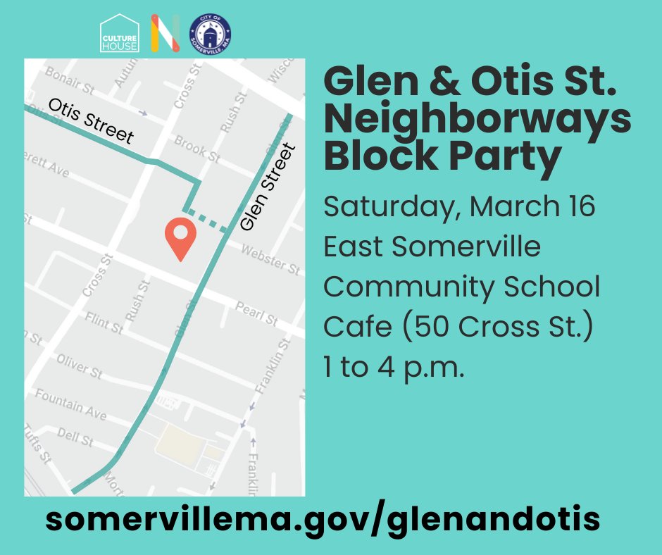 Quick-build neighborways are planned for Glen & Otis Streets to improve safety for all. Join the Mobility division at a block party on March 16 at East Somerville Community School (50 Cross St.) from 1 to 4pm to learn more & give feedback. More info at: somervillema.gov/glenandotis.