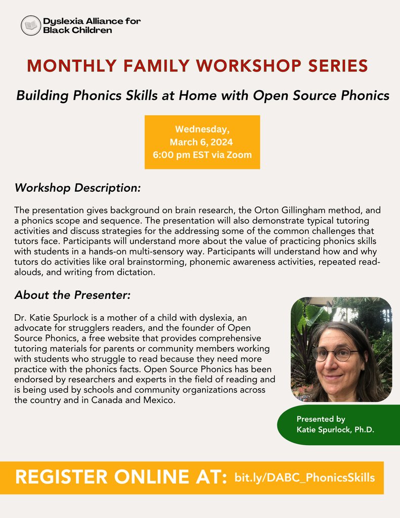 Join us for a workshop on building phonics skills at home and learn more about the Orton Gillingham method, oral brainstorming, and phonemic awareness activities. Register here: l8r.it/00MA