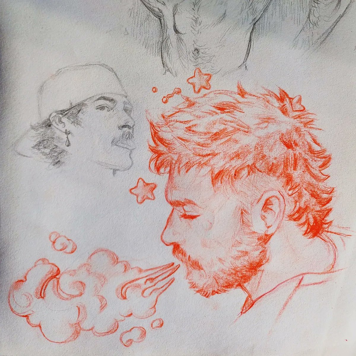 danteamoretto's tweet photo. I've been using watercolour pencils the last years because sketches come out softer. The intense colour is light cadmium red. Couldn't resist drawing a gym bro on the top, showing off his armpits. Take a whiff if you want. He won't mind 🐽🥵🌟 #gayart #lgbtqart #queerart https://t.co/W6CwGpMhMw