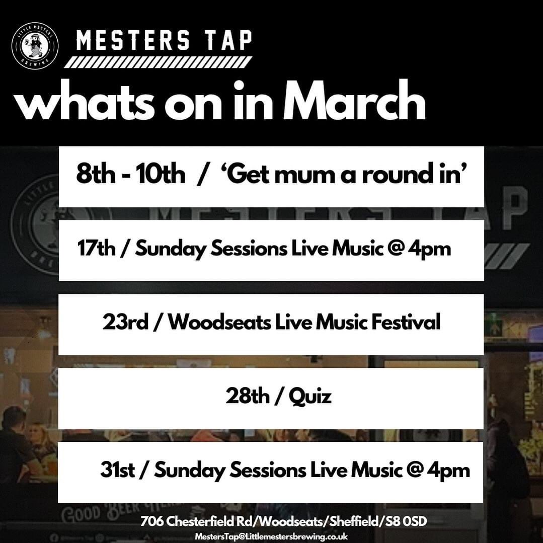 Plenty happening at our Tap this month!
All kicks off this weekend with 'Get mum a round in' selected beers, sprit &amp; mixer and glasses of Prosecco only £4. 
#mesterstap #littlemestersbrewing #sheffield #brewery #taproom #livemusic #mothersday #woodseats #woodseatslive