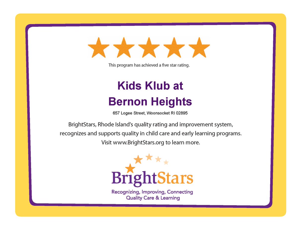 EnrichEdRI's tweet photo. Congratulations to #kidsklubbernon! They just received a 5 ⭐️⭐️⭐️⭐️⭐️ rating from BrightStars!
#BrightStars is Rhode Island’s quality rating and improvement system. BrightStars recognizes and supports quality in child care and early learning programs. #woonsocket #highestrating https://t.co/xbMXpdKUF1
