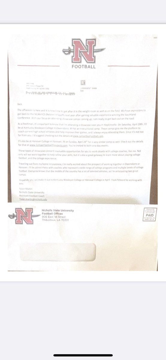 Thank you Coach Martin for inviting me to Nicholls State’s prospect camps at Kentucky Wesleyan and Hanover College.

<a href="/Nicholls_FB/">Nicholls Football 🏈</a>
<a href="/Tylan_G/">Tylan Martin</a>
<a href="/CoachAtchley/">Ethan Atchley</a>