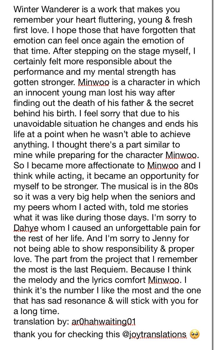 ar0hahwaiting01's tweet photo. #뮤지컬겨울나그네 
함께 단단해지고 싶은 민우 
MJ message #엠제이 #김명준  #아스트로 #ASTRO
"I thought there's a part similar to mine while preparing. So I became more affectionate to Minwoo &amp; I think while acting, it became an opportunity for myself to be stronger." 🥹 https://t.co/Le4IAx03g9