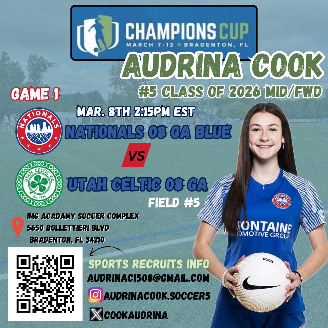 Audrina Cook #5 (@cookaudrina) on Twitter photo Champions Cup Finals starting this Friday! Come watch me and my team play in Bradenton!
<a href="/CoachDR7/">David Robertson</a> <a href="/NationalsGA/">Nationals Girls Academy</a> <a href="/GAcademyLeague/">Girls Academy</a> <a href="/PrepSoccer/">Prep Soccer ⚽️</a> <a href="/TopDrawerSoccer/">TopDrawerSoccer</a> <a href="/ImYouthSoccer/">ECNL/GA/Recruiting/College Soccer</a> Champions Cup Finals starting this Friday! Come watch me and my team play in Bradenton!
<a href="/CoachDR7/">David Robertson</a> <a href="/NationalsGA/">Nationals Girls Academy</a> <a href="/GAcademyLeague/">Girls Academy</a> <a href="/PrepSoccer/">Prep Soccer ⚽️</a> <a href="/TopDrawerSoccer/">TopDrawerSoccer</a> <a href="/ImYouthSoccer/">ECNL/GA/Recruiting/College Soccer</a>