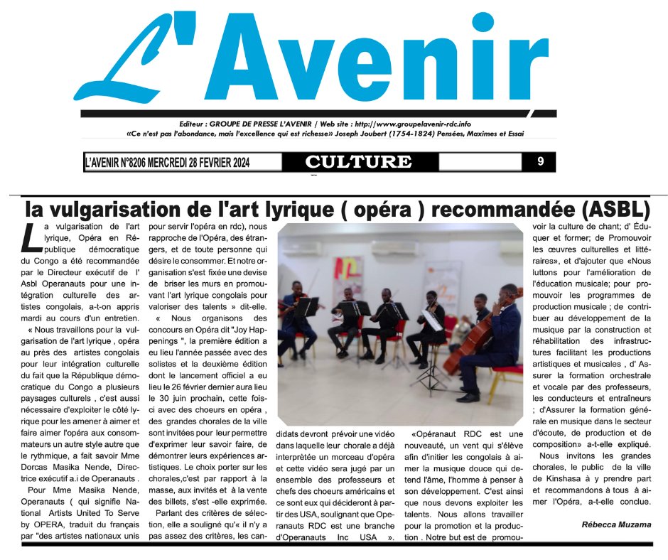 OPERAnauts's tweet image. We&apos;re very excited to get national press last week ! Thank you Rébecca Muzama for coming to the Joy Happenings 2nd edition launch in Kinshasa, and for such a well-written succinct article about OPERANAUTS and our planned activities towards our mission.