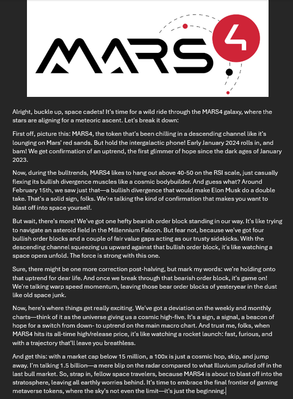 valorkoenigsegg's tweet photo. Chart's as clear as a supernova in a night sky 🌌💫! #MARS4's trajectory? Shooting for the moon with zero gravity for BS 🚀📈!
#GamingMetaverse #Mars4token #PlayToEarn #ingamecurrency #BitcoinHalving #Bitcoin #Bullrun2024 #Altseason2024 https://t.co/6VWWoarhHB