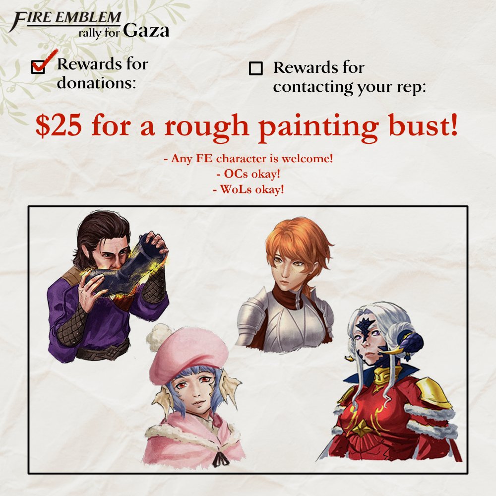 Hi hello I'm a part of FE Rally for Gaza for charity until April 17th!

I will be taking (tentative) unlimited slots at this discounted price, so check out the link in replies for instructions! 