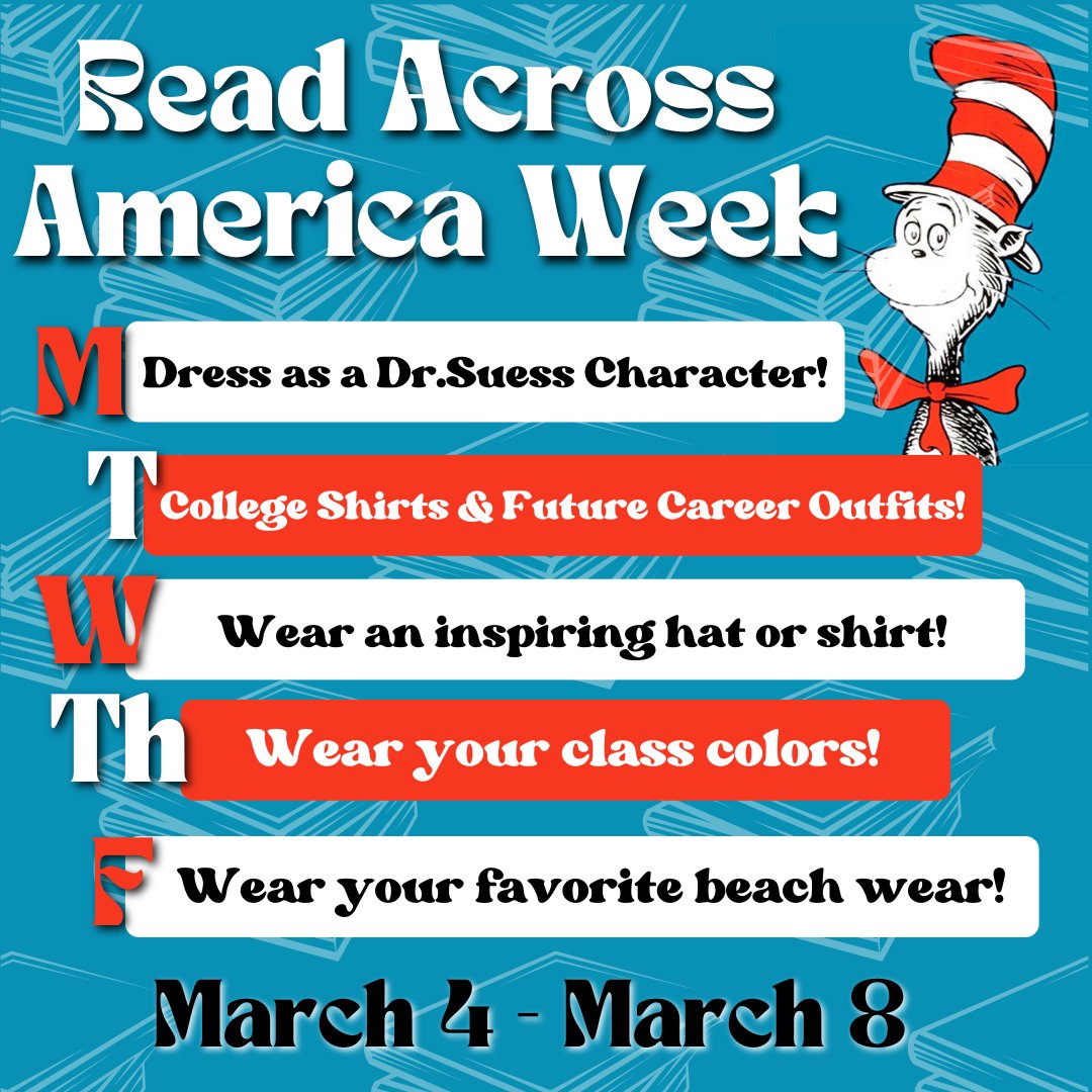 This week is Read Across America Spirit Week! 📚❤️🤍💙 Check out what to wear this week for spirit week and don't forget Field Day is back on this Thursday! Get ready to stop drop and read 📚🐆 #ReadAcrossAmerica #spiritweek #DrSeuss #happybirthdaydrseuss #Books #Reading