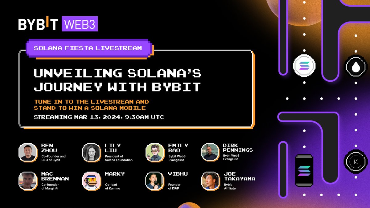 Bybit_Official's tweet image. 🫡 Bybit and the @SolanaFndn are teaming up for a monumental #Web3 event!  

Stay tuned for an epic livestream event you won't want to miss.😎

🌐Save the date: March 13, 9:30am UTC

We are giving away three Solana Mobile Chapter 2 phones! Here's how 👉🏼 i.bybit.com/1Uab32XP…