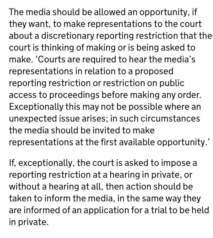 Newly-published HMCTS guide on media access to courts:

Media MUST be told about applications for reporting restrictions

It’s not a new rule, but one which CPS, defence lawyers, judges and court officials regularly ignore

gov.uk/government/pub…