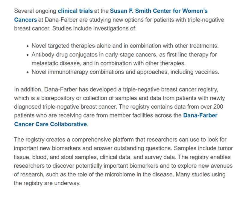 March 3rd is #TNBCday, a global event dedicated to raising awareness for #TripleNegativeBreastCancer, check out this Insights article to learn more about #TNBC, including details of our current clinical trials. 
blog.dana-farber.org/insight/2016/0…